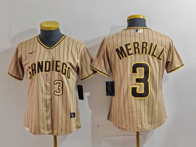 Womens San Diego Padres #3 Jackson Merrill Tan NEW 2023 Cool Base Stitched Jerseys